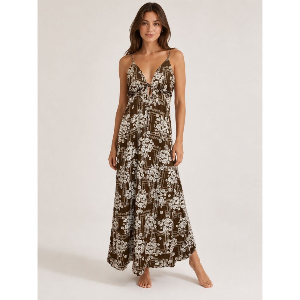 Paper Heart Anthropologie Brown Floral Open Back Maxi Dress L - Picture 1 of 10